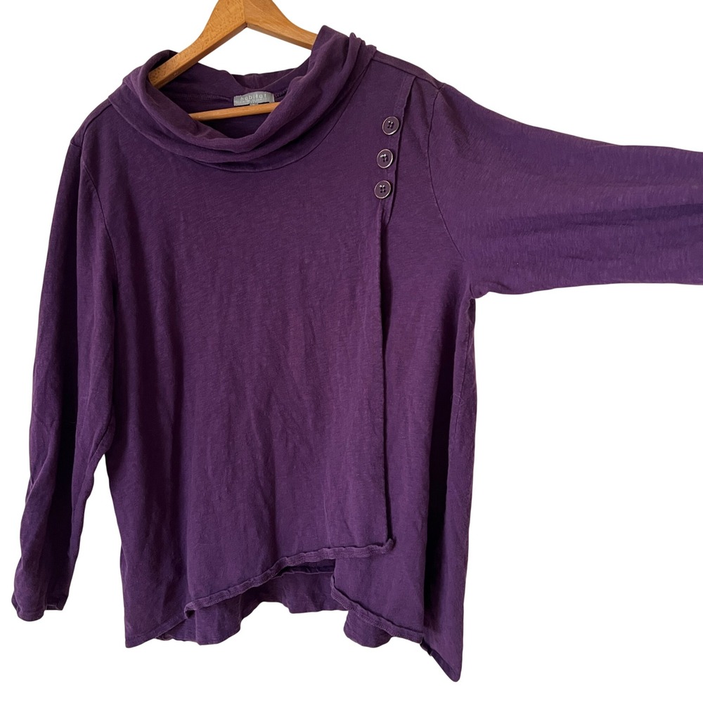Habitat Lagenlook Top XL Purple 100% Cotton Cowl Neck Asymmetrical Button Blouse